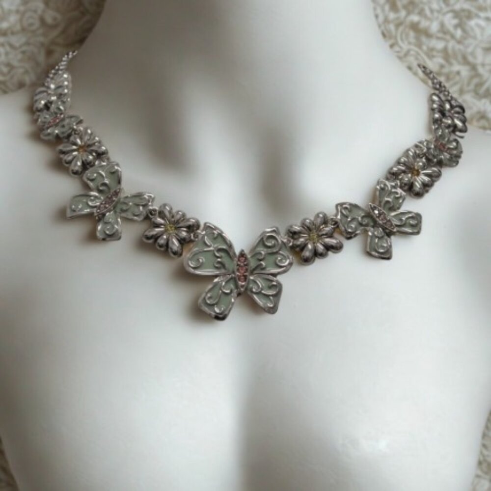 D'Orlan Necklace w Pierced Earrings. Rhodium Plated, Green enamel, NEW
